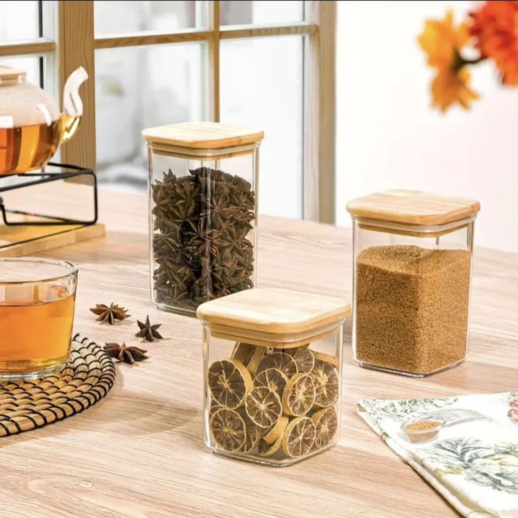 جای ادویه سارینا چهارگوش درب چوبی لیمون سایز ۳