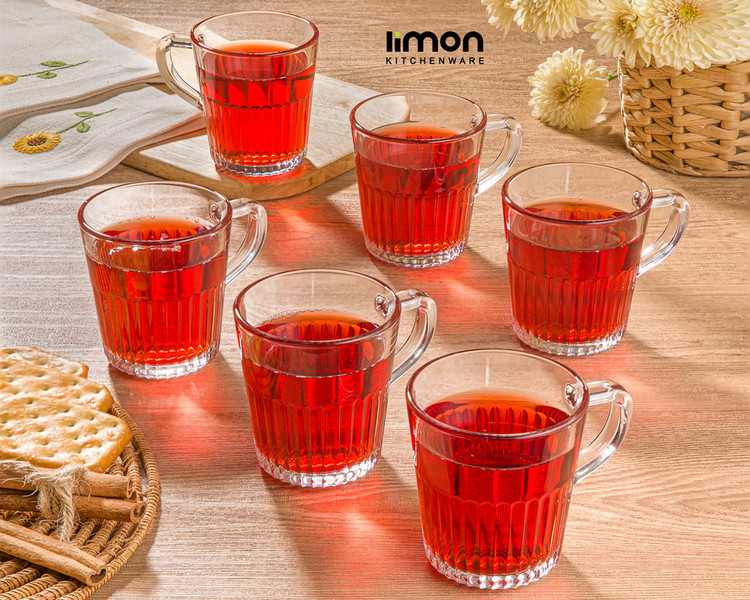 لیوان شیشه ای دسته دار شیار دار ۲۸۰ cc لیمون